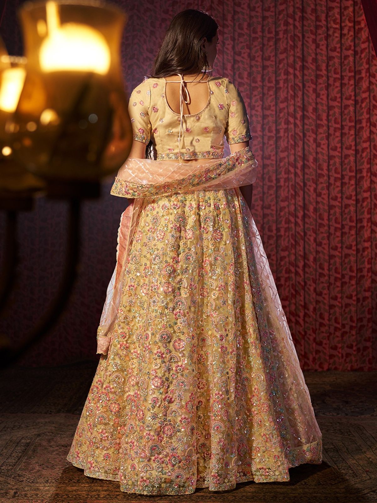 Odette Yellow Net Embroidered Semi-Stitched Lehenga For Women
