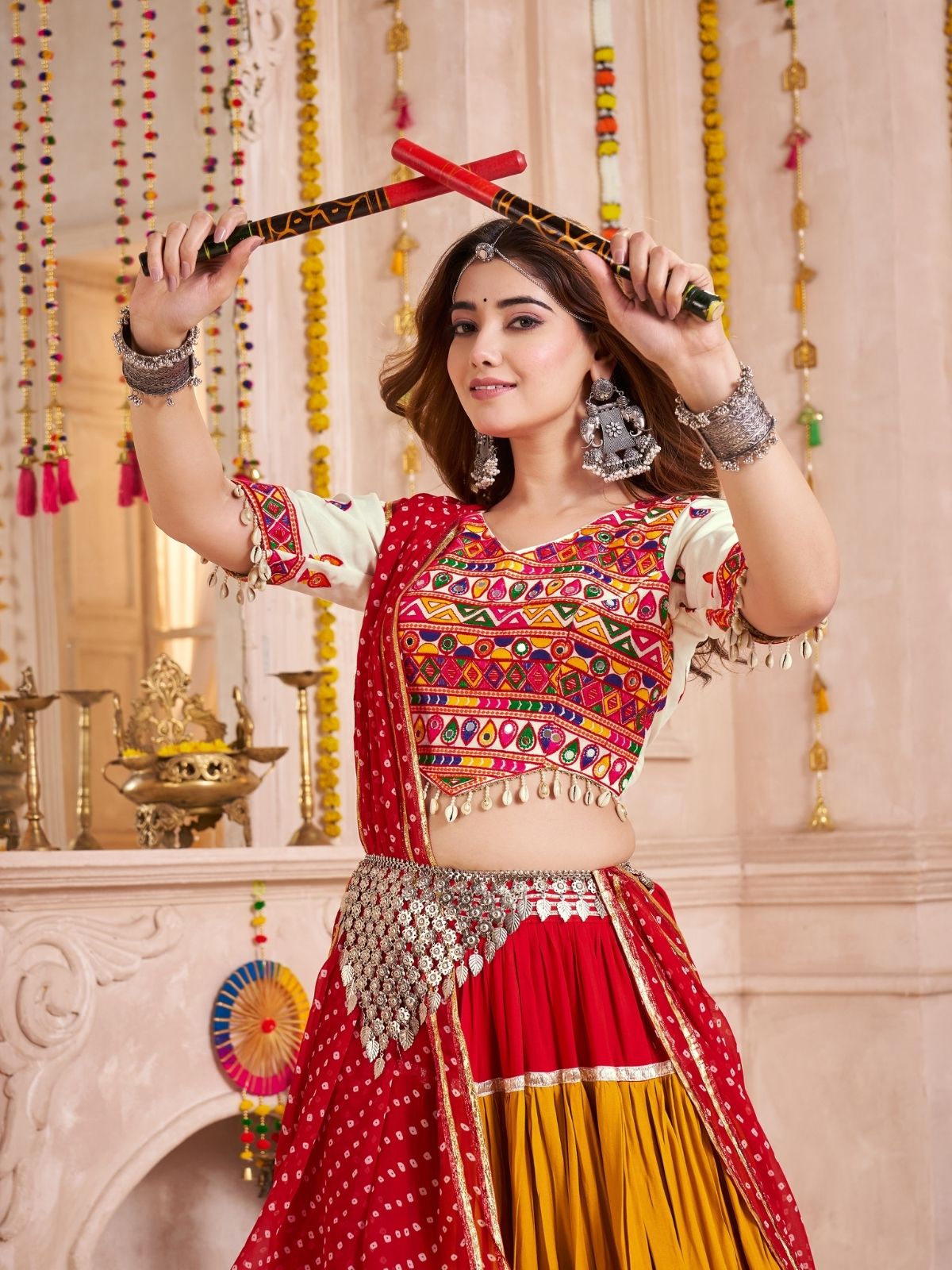 Odette Multicolor Cotton Blend Solid With Golden Border Semi-Stitched Lehenga For Women