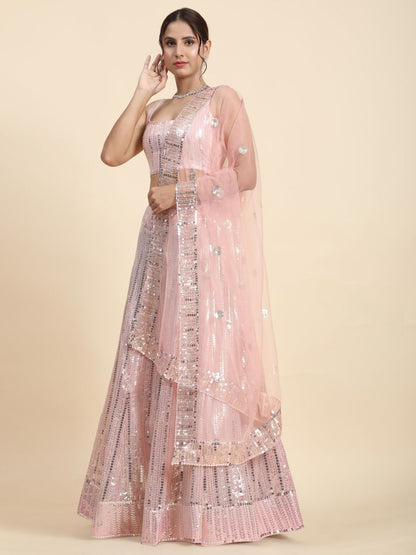 Odette Baby Pink Georgette Embellished Semi-Stitched Lehenga For Women
