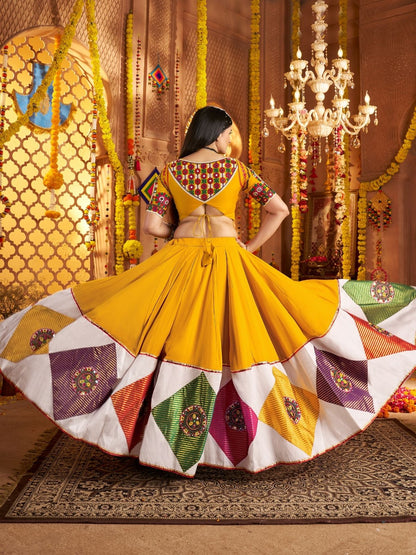 Odette Multicolor Viscose Cotton Embroidered Semi-Stitched lehenga With Patch Work And Stunning Tassels For Women