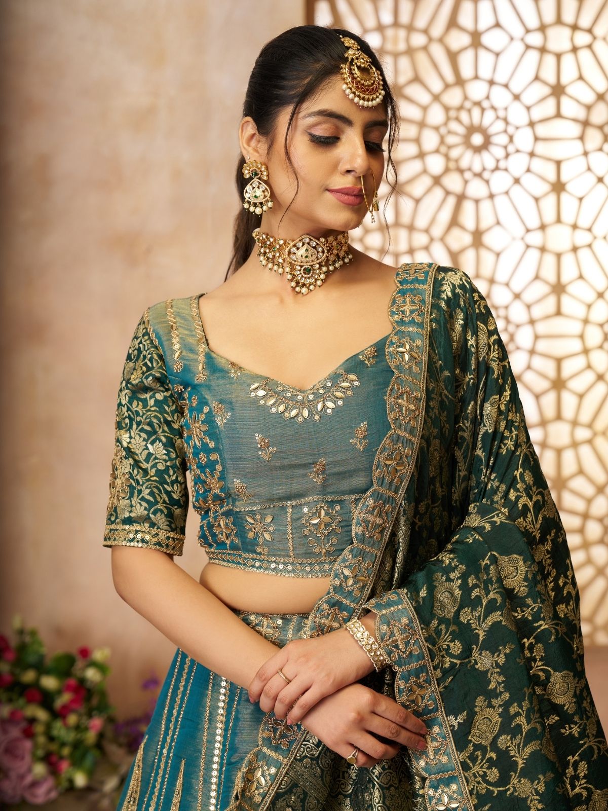 Odette Green Tissue Embroidered Semi-Stitched Lehenga For Women