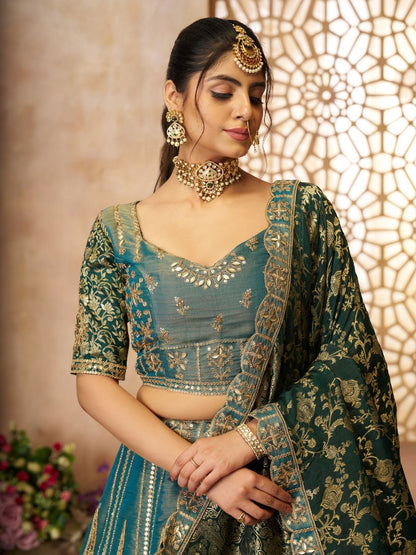 Odette Green Tissue Embroidered Semi-Stitched Lehenga For Women