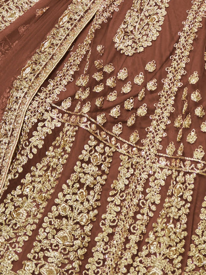Odette Brown Net Embroidered Semi-Stitched lehenga For Women