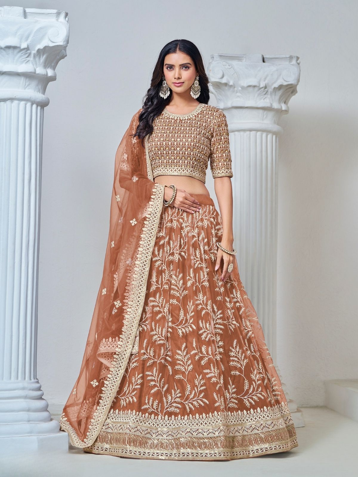 Odette Light Brown Net Embroidered Semi-Stitched lehenga For Women