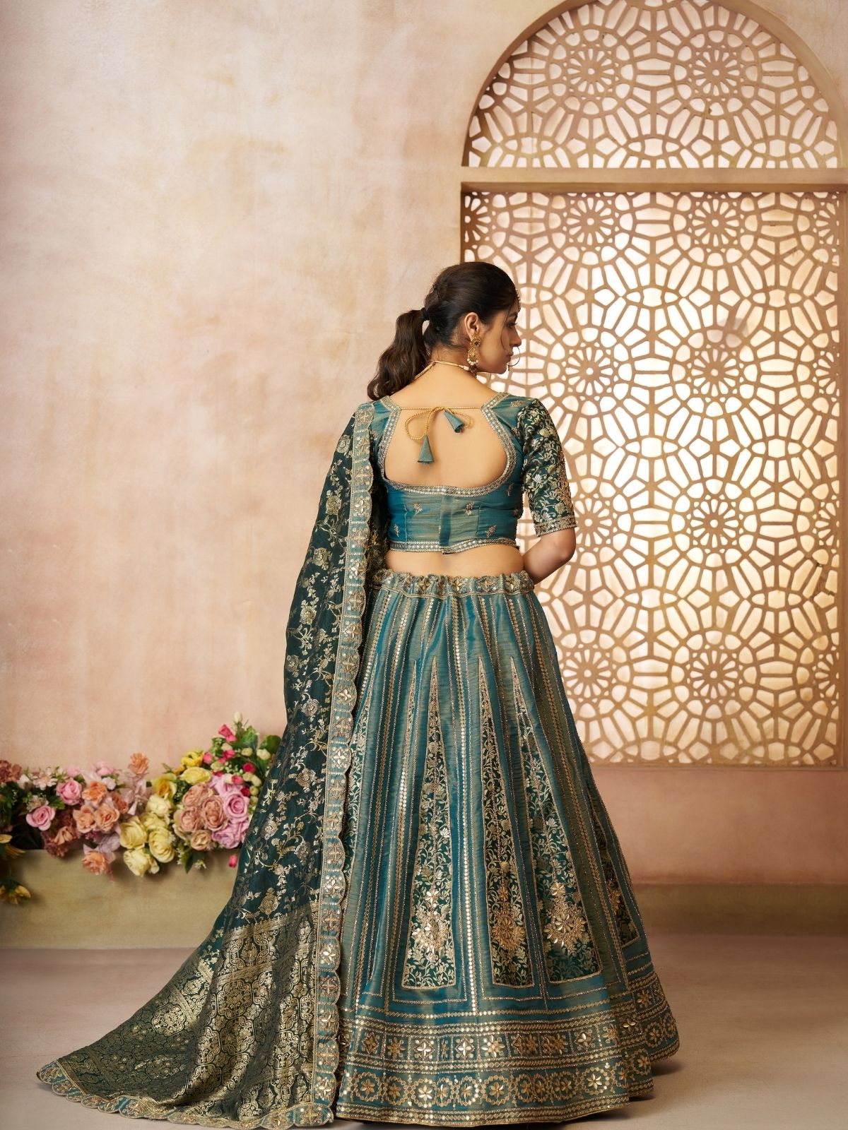 Odette Green Tissue Embroidered Semi-Stitched Lehenga For Women