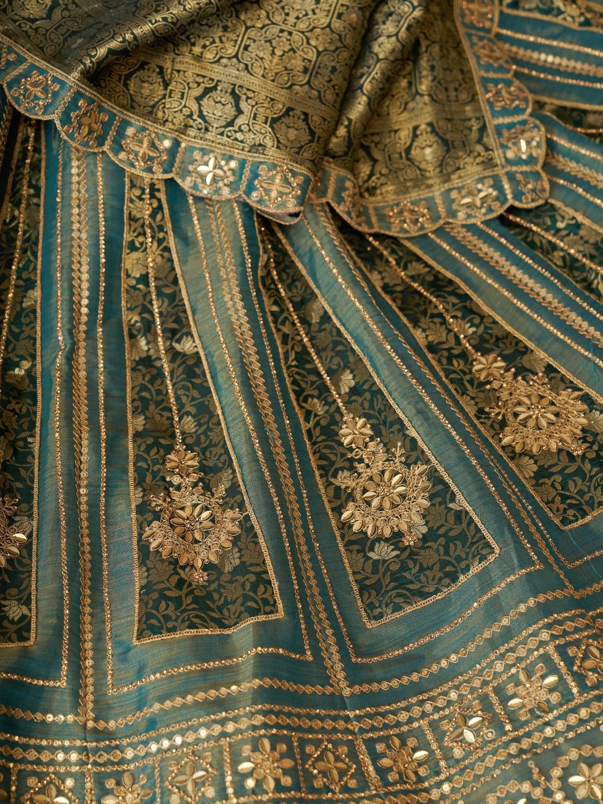 Odette Green Tissue Embroidered Semi-Stitched Lehenga For Women