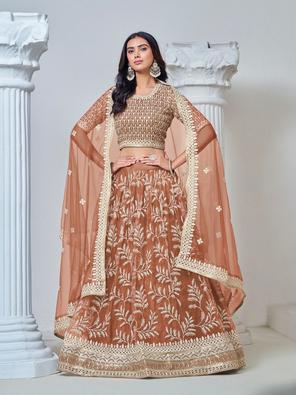 Odette Light Brown Net Embroidered Semi-Stitched lehenga For Women