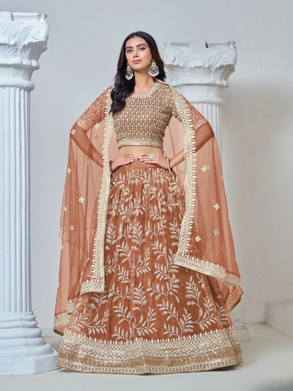 Odette Light Brown Net Embroidered Semi-Stitched lehenga For Women