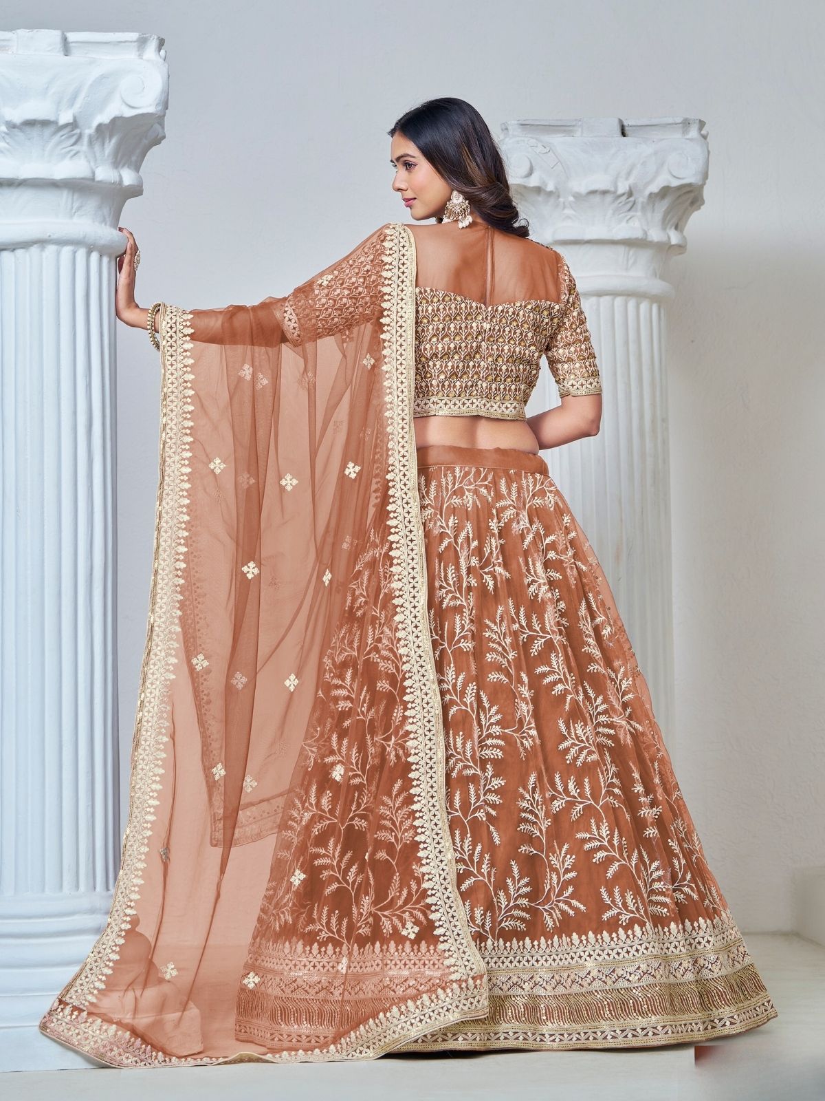 Odette Light Brown Net Embroidered Semi-Stitched lehenga For Women