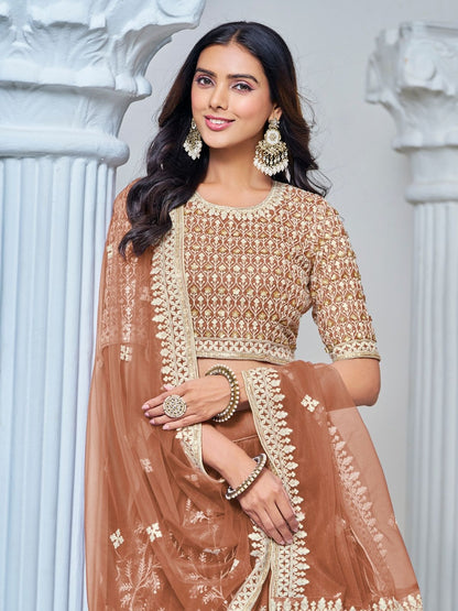 Odette Light Brown Net Embroidered Semi-Stitched lehenga For Women