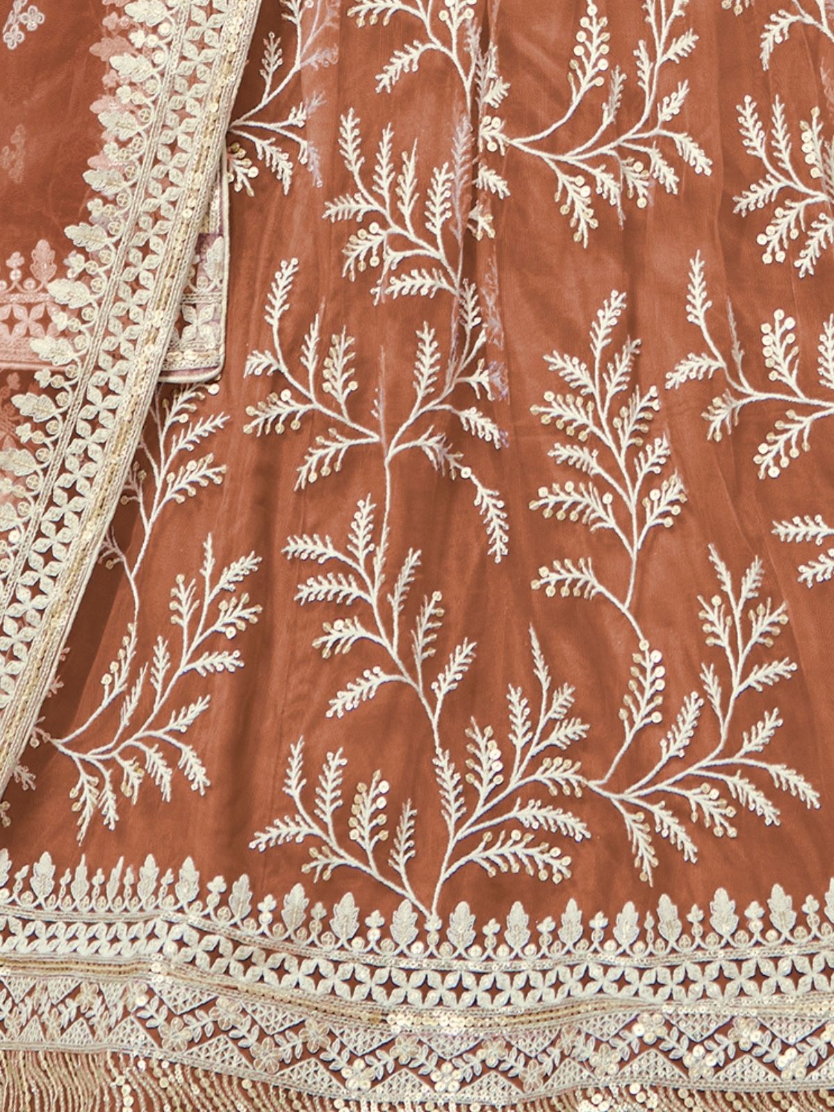 Odette Light Brown Net Embroidered Semi-Stitched lehenga For Women