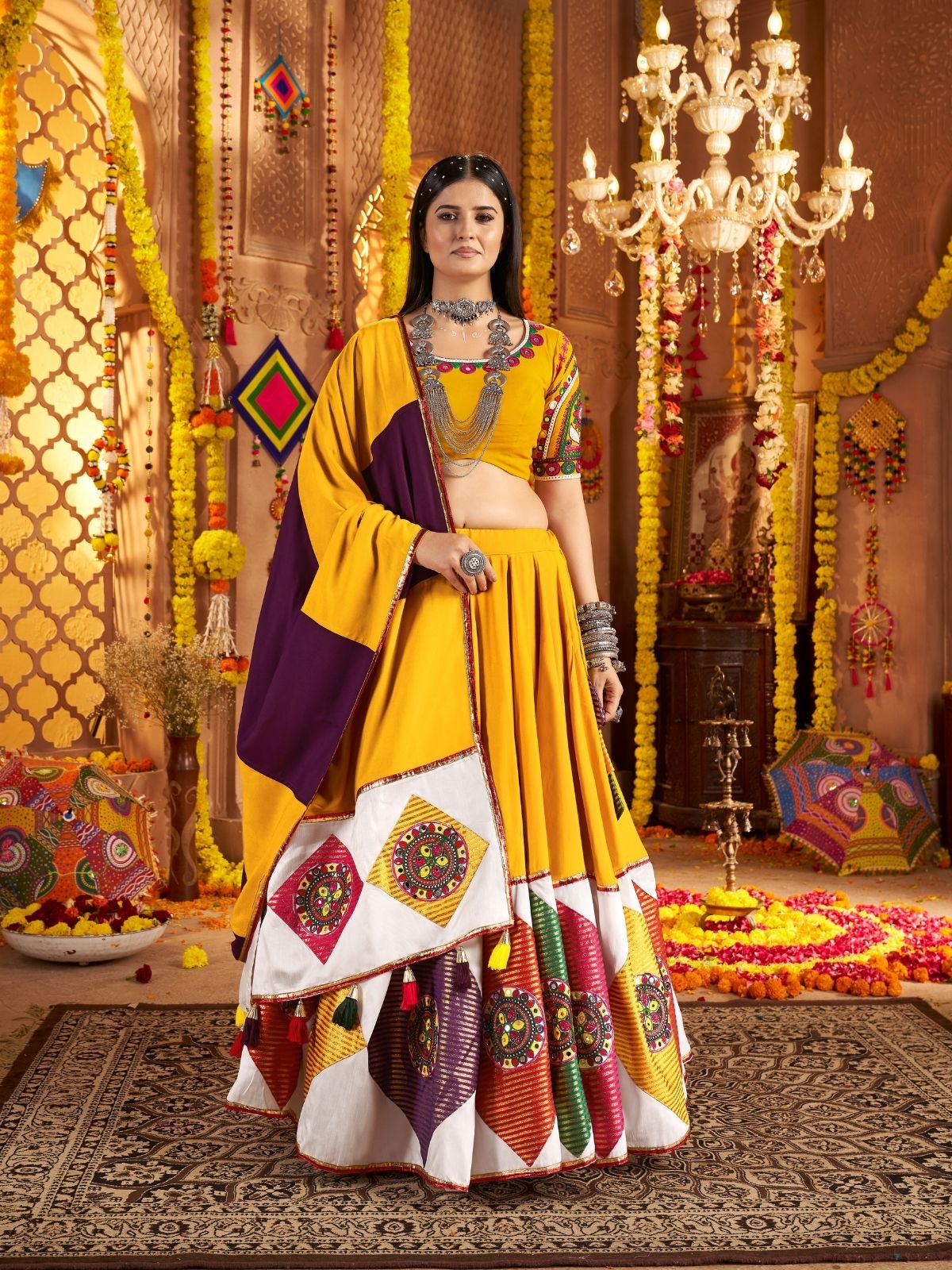 Odette Multicolor Viscose Cotton Embroidered Semi-Stitched lehenga With Patch Work And Stunning Tassels For Women