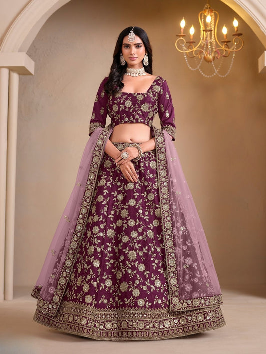 Odette Purple Art Silk Embroidered Semi-Stitched lehenga For Women