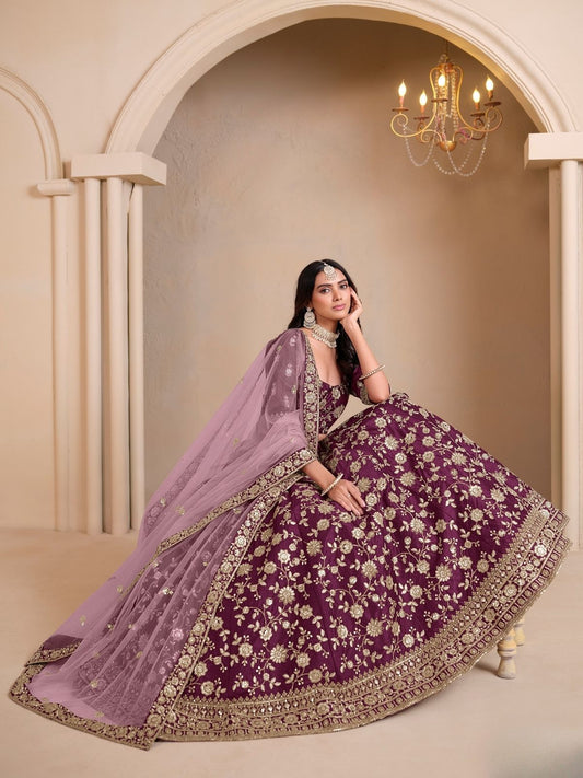 Odette Purple Art Silk Embroidered Semi-Stitched lehenga For Women