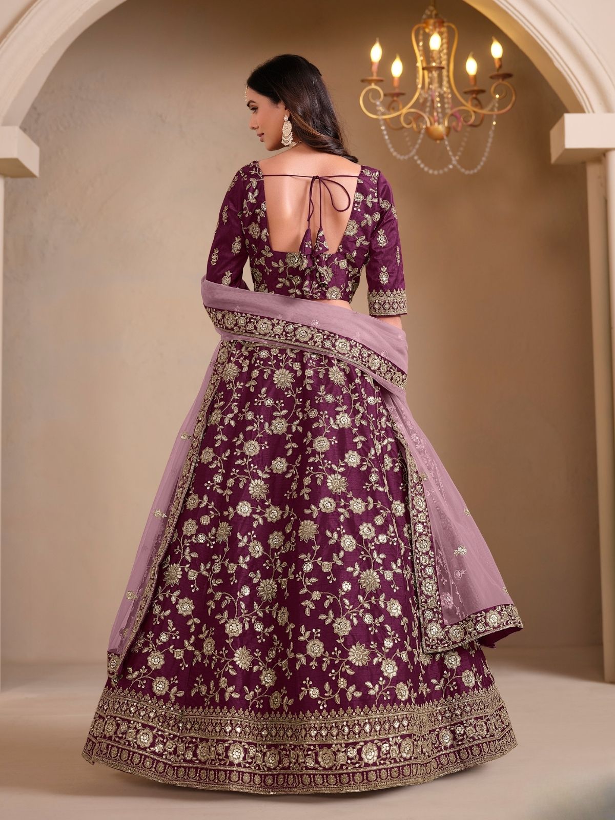 Odette Purple Art Silk Embroidered Semi-Stitched lehenga For Women