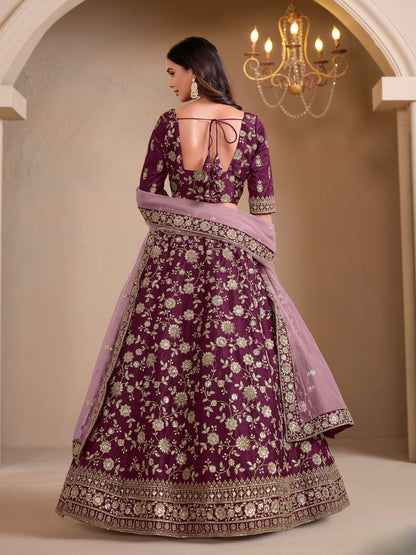 Odette Purple Art Silk Embroidered Semi-Stitched lehenga For Women
