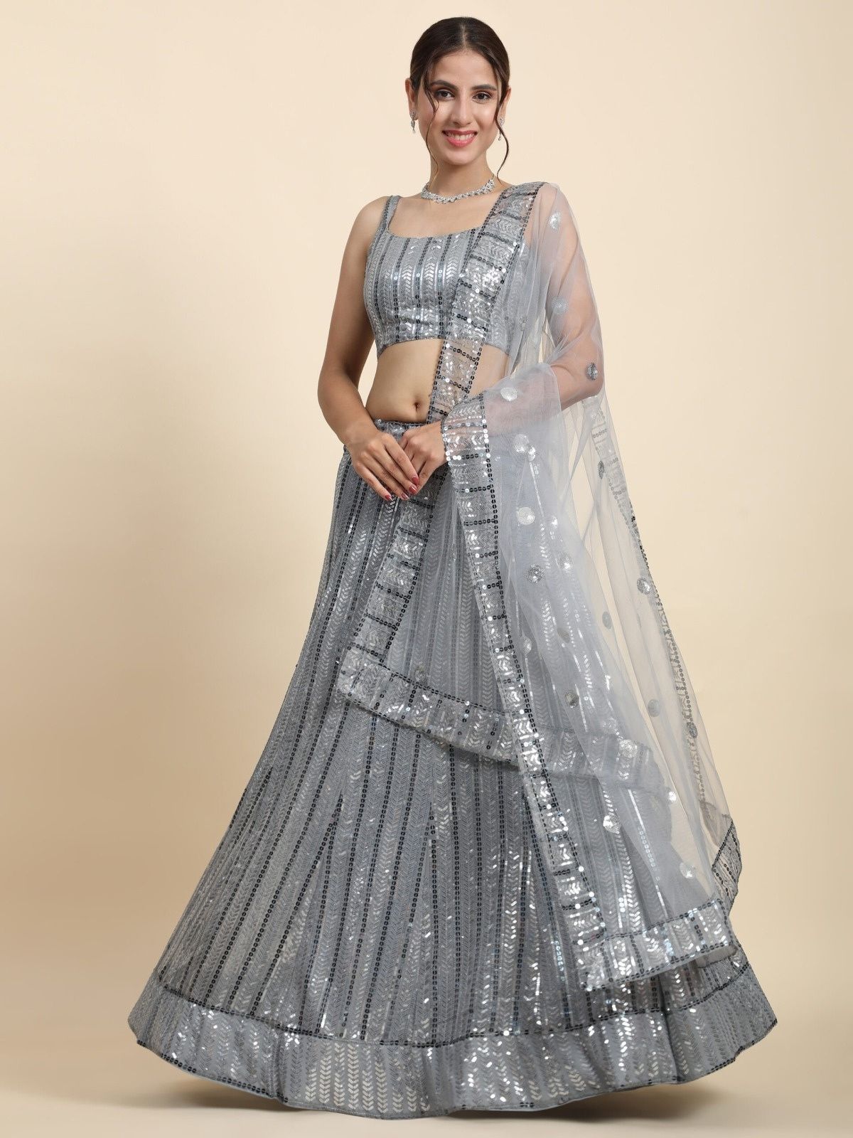 Odette Grey Georgette Embellished Semi-Stitched Lehenga For Women