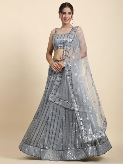 Odette Grey Georgette Embellished Semi-Stitched Lehenga For Women