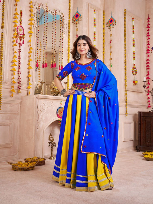 Odette Blue Cotton Blend Solid With Golden Border Semi-Stitched Lehenga For Women