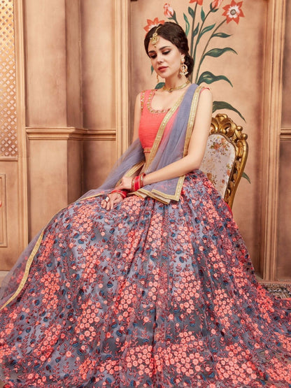 Odette Grey Net Embroidered Semi-Stitched lehenga For Women