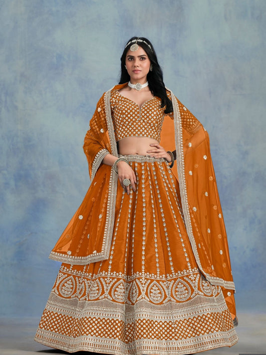 Odette Orange Art Silk Embellished Semi-Stitched lehenga For Women