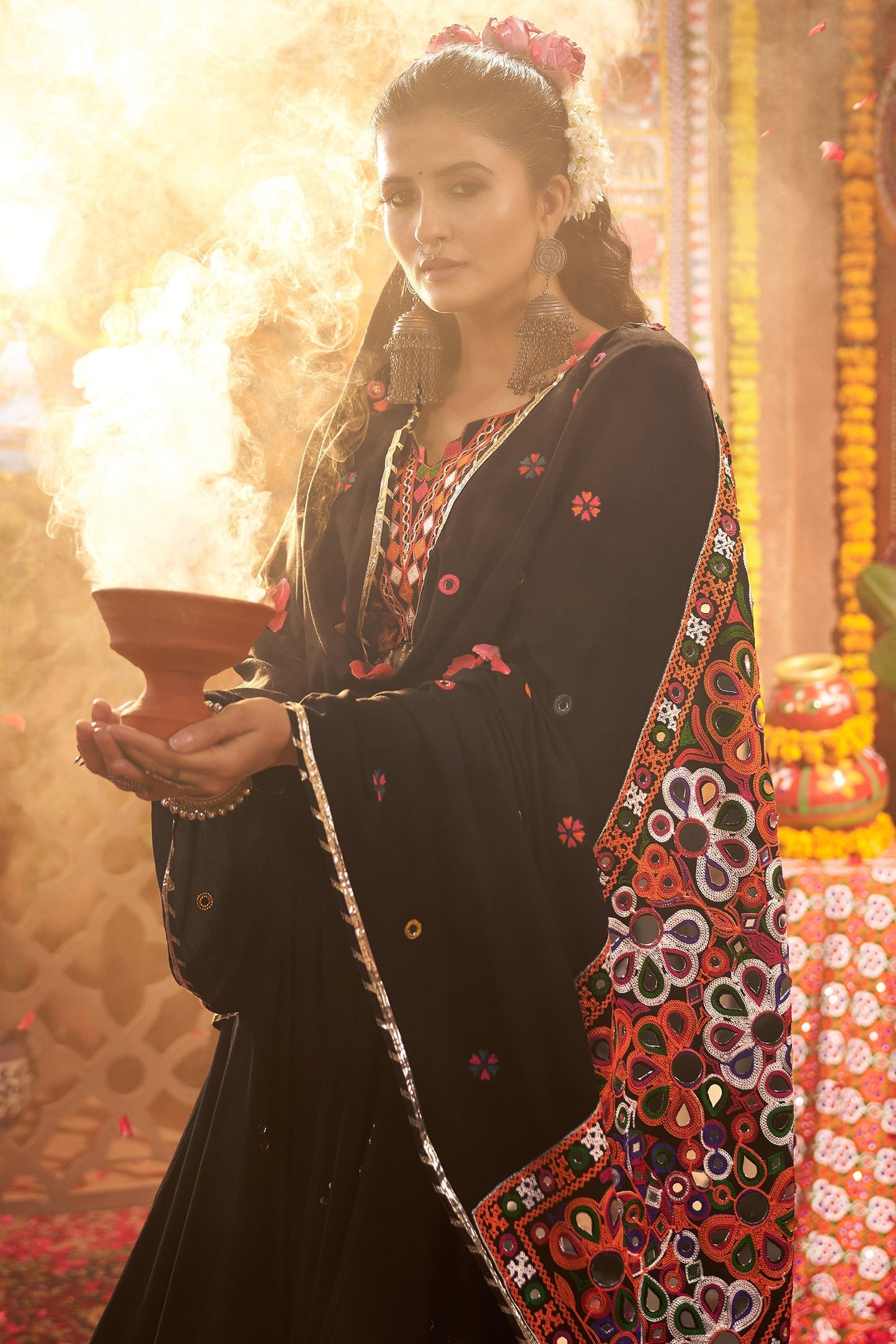 Black Viscose Cotton Kachchi Worked Chaniya Choli