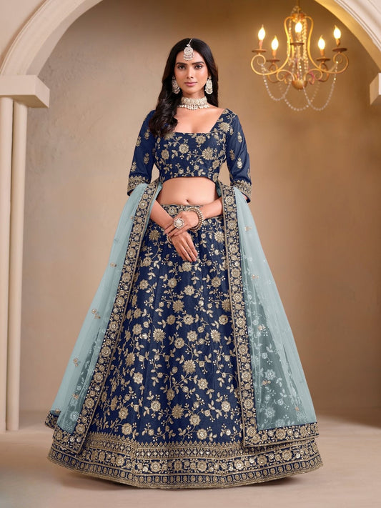 Odette Blue Art Silk Embroidered Semi-Stitched lehenga For Women