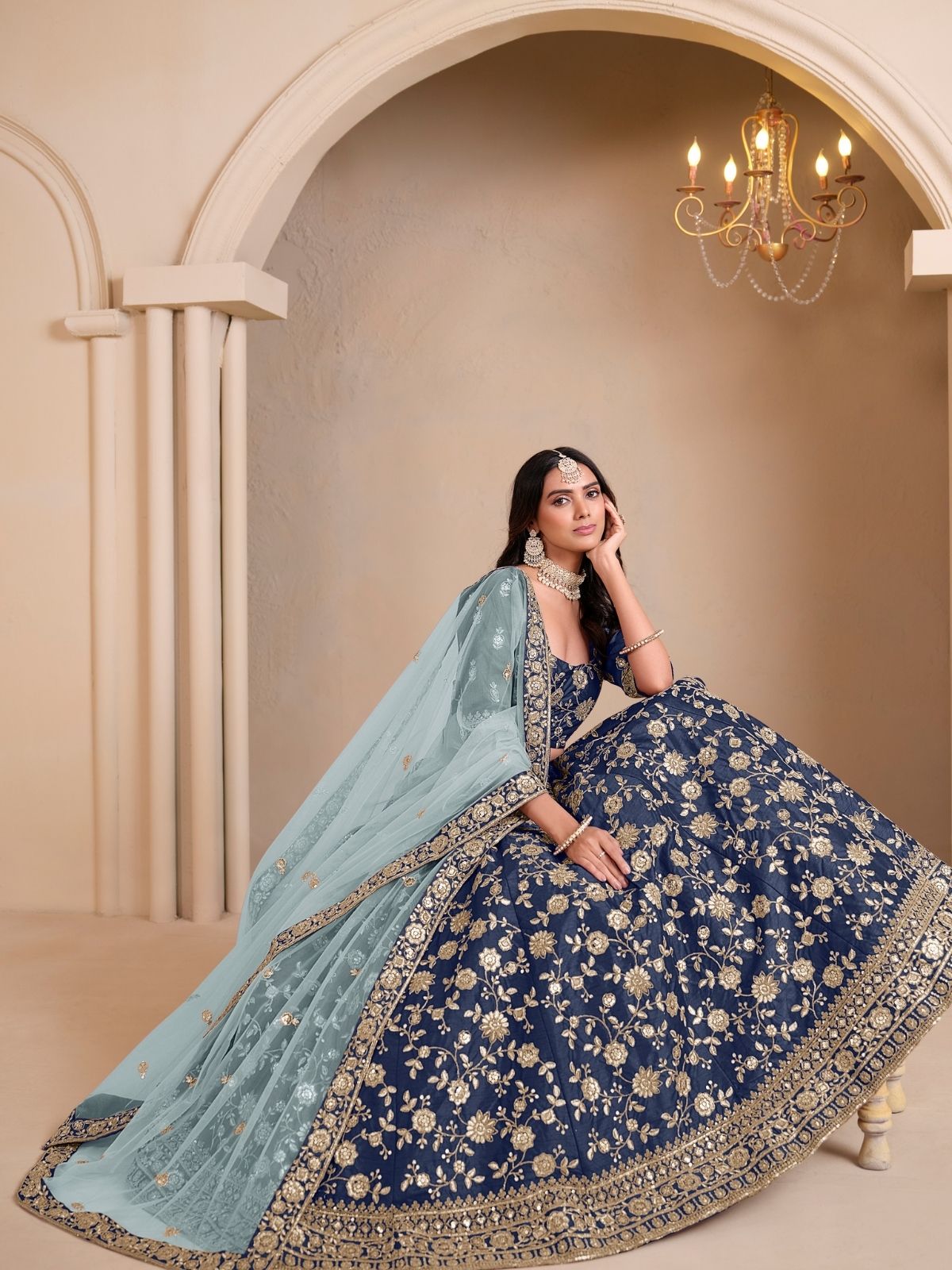 Odette Blue Art Silk Embroidered Semi-Stitched lehenga For Women
