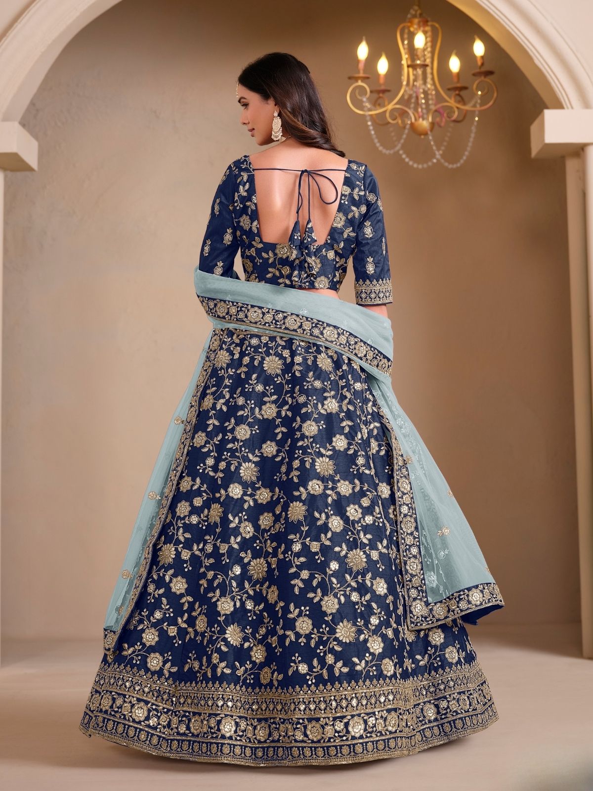 Odette Blue Art Silk Embroidered Semi-Stitched lehenga For Women
