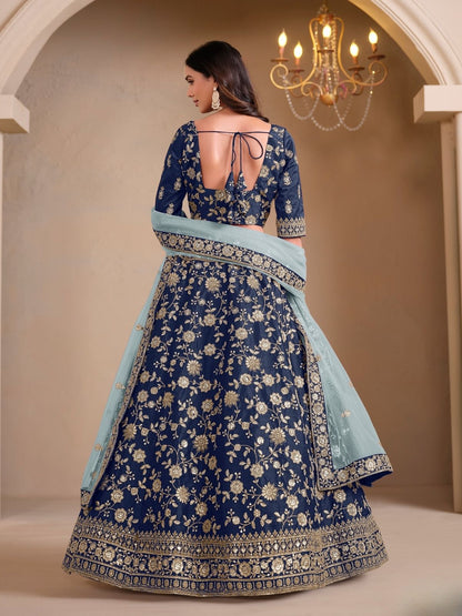 Odette Blue Art Silk Embroidered Semi-Stitched lehenga For Women