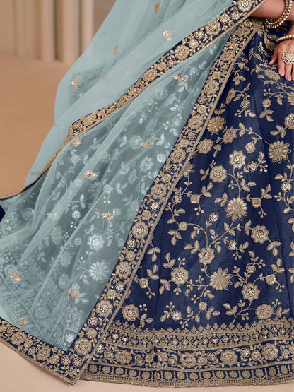 Odette Blue Art Silk Embroidered Semi-Stitched lehenga For Women