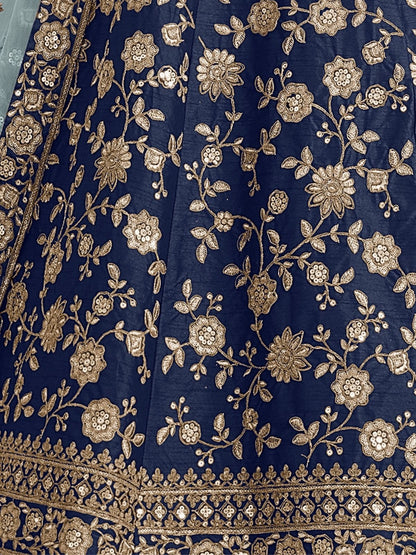 Odette Blue Art Silk Embroidered Semi-Stitched lehenga For Women