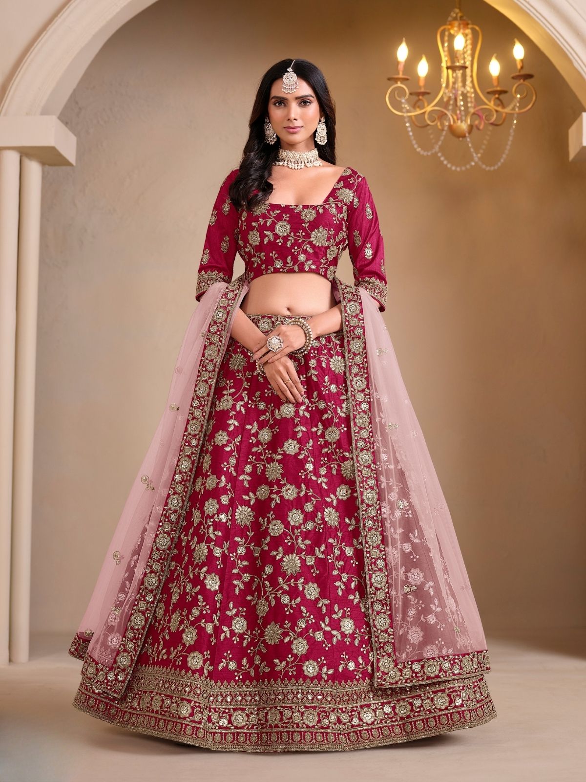 Odette Pink Art Silk Embroidered Semi-Stitched lehenga For Women