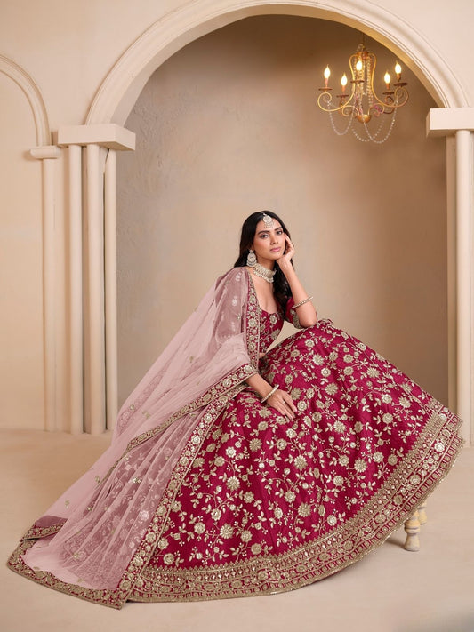 Odette Pink Art Silk Embroidered Semi-Stitched lehenga For Women