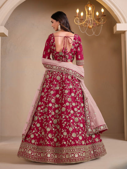 Odette Pink Art Silk Embroidered Semi-Stitched lehenga For Women