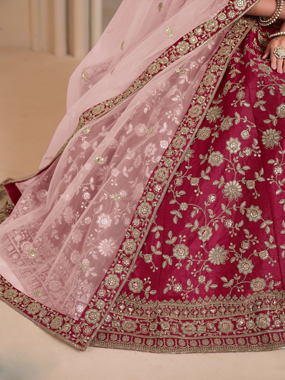 Odette Pink Art Silk Embroidered Semi-Stitched lehenga For Women