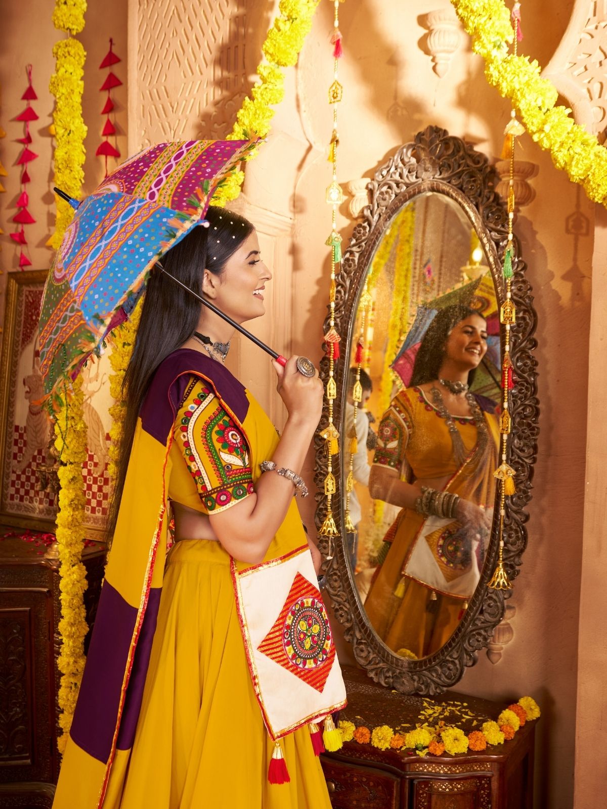 Odette Multicolor Viscose Cotton Embroidered Semi-Stitched lehenga With Patch Work And Stunning Tassels For Women