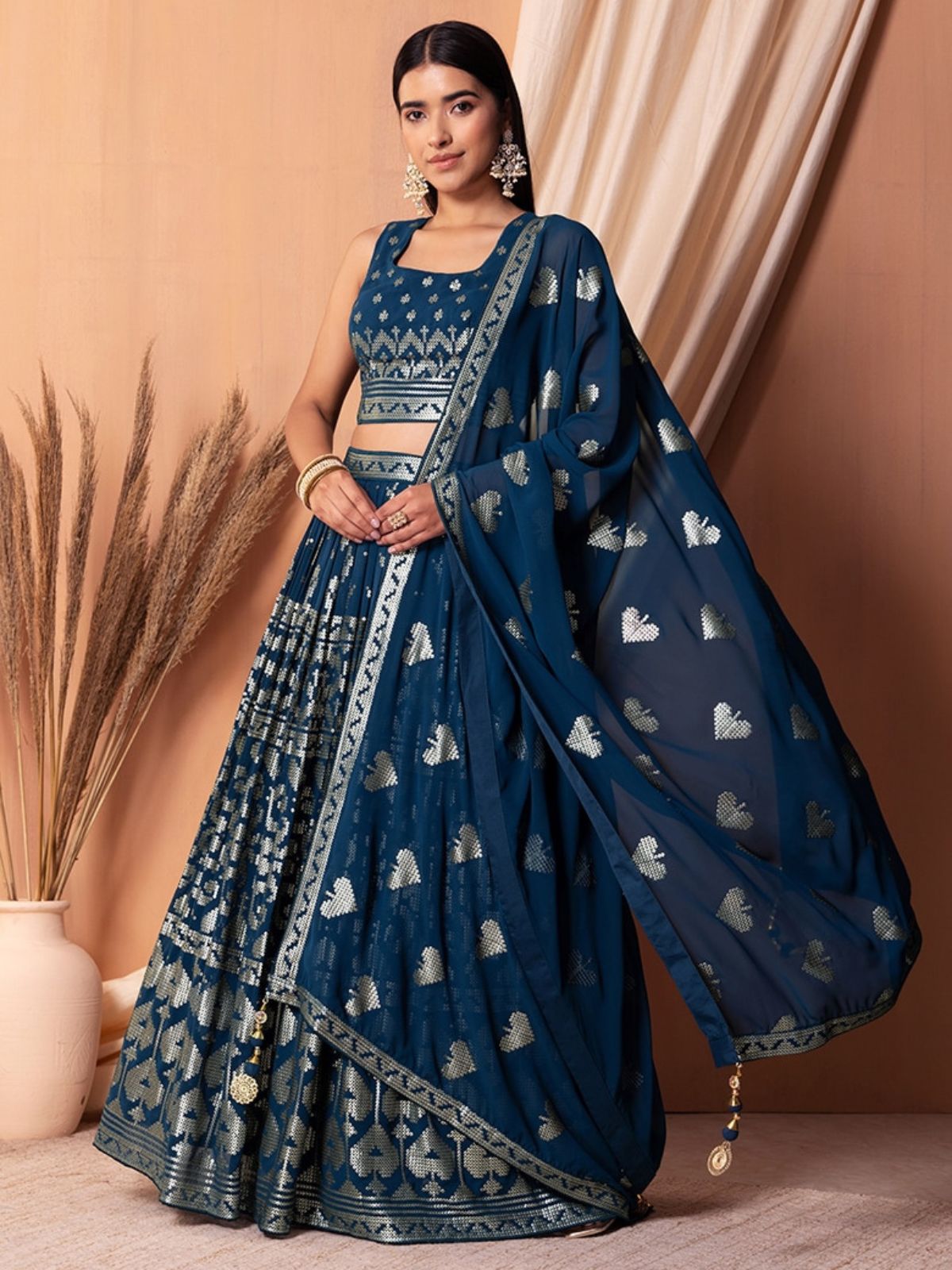 Odette Blue Georgette Embellished Semi-Stitched Lehenga For Women