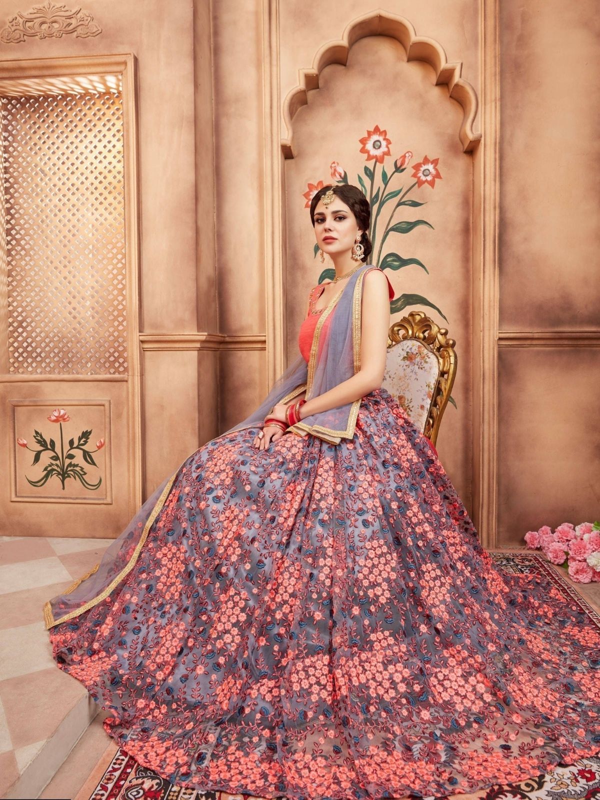 Odette Grey Net Embroidered Semi-Stitched lehenga For Women