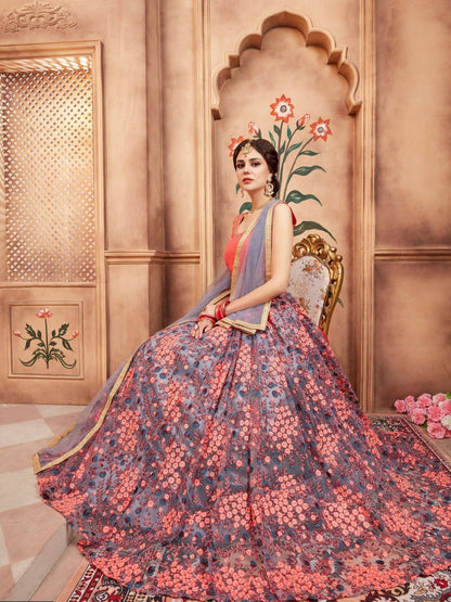 Odette Grey Net Embroidered Semi-Stitched lehenga For Women