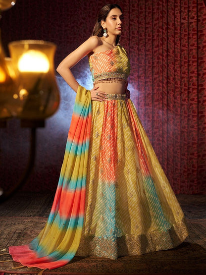 Odette Multicolor Organza Embroidered Semi-Stitched Lehenga For Women