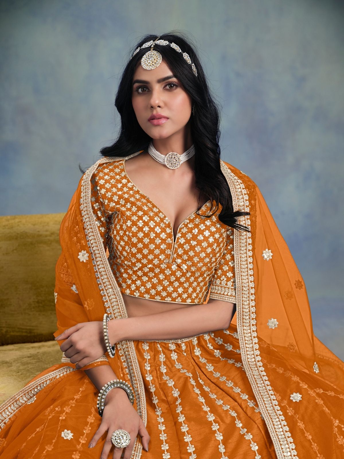 Odette Orange Art Silk Embellished Semi-Stitched lehenga For Women