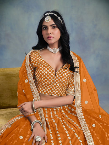 Odette Orange Art Silk Embellished Semi-Stitched lehenga For Women