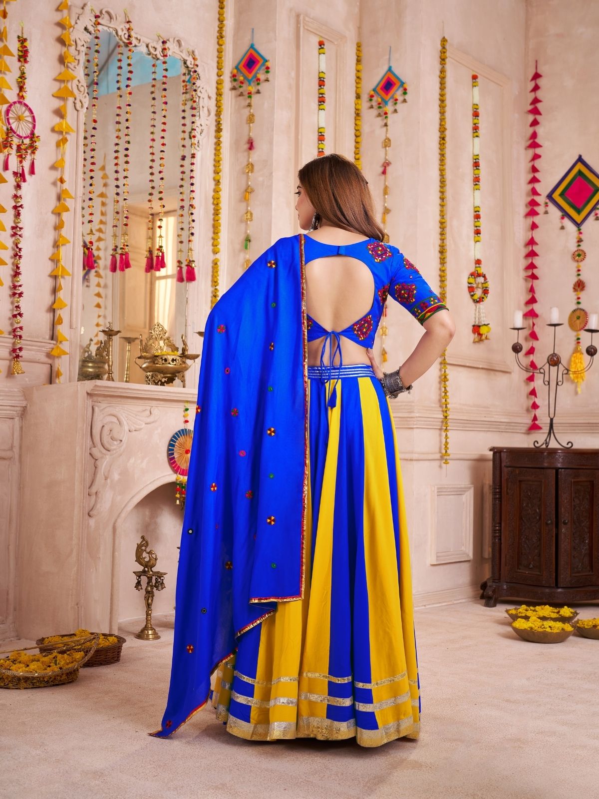 Odette Blue Cotton Blend Solid With Golden Border Semi-Stitched Lehenga For Women