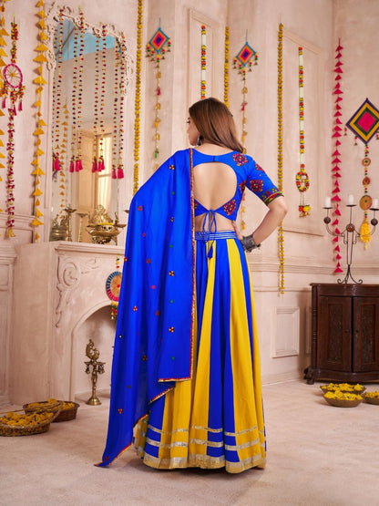Odette Blue Cotton Blend Solid With Golden Border Semi-Stitched Lehenga For Women