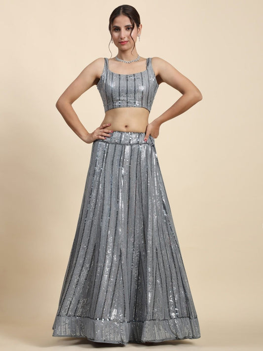 Odette Grey Georgette Embellished Semi-Stitched Lehenga For Women