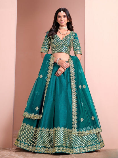 Odette Blue Art Silk Embellished Semi-Stitched lehenga For Women