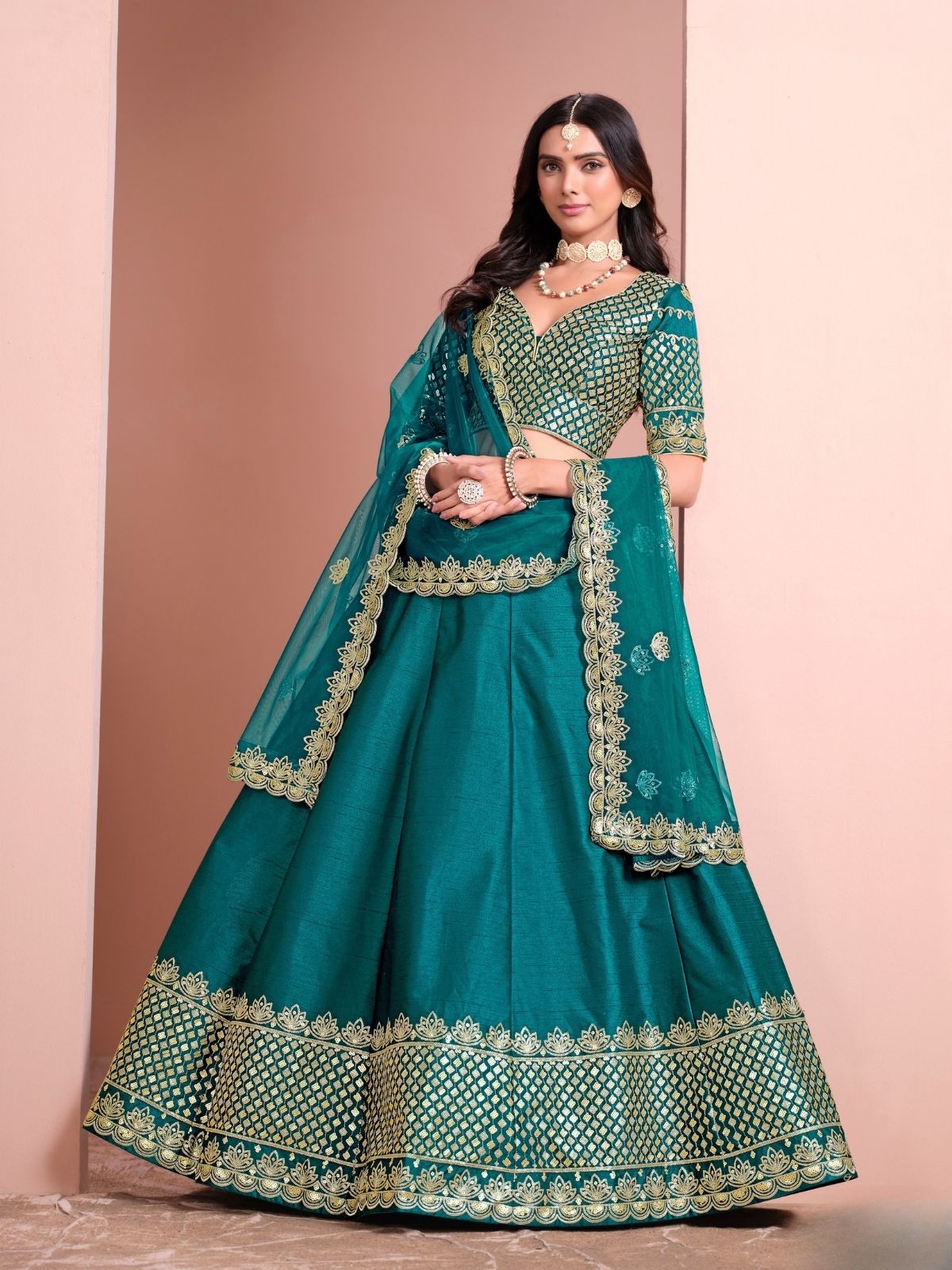 Odette Blue Art Silk Embellished Semi-Stitched lehenga For Women