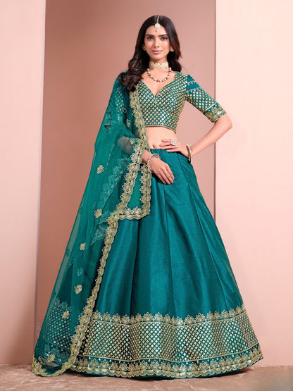 Odette Blue Art Silk Embellished Semi-Stitched lehenga For Women
