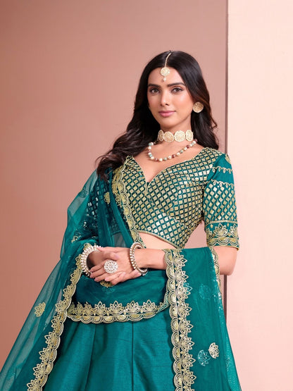 Odette Blue Art Silk Embellished Semi-Stitched lehenga For Women